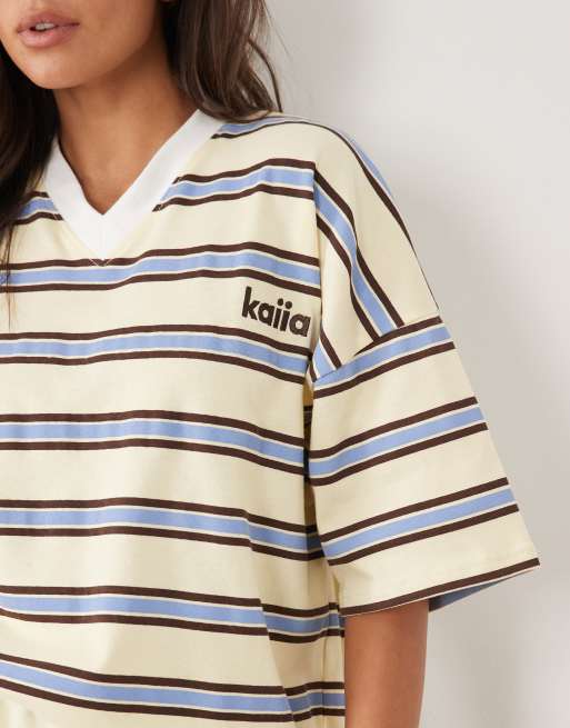 Kaiia - T-shirt stile rugby oversize in misto cotone giallo a righe multicolore con scollo a V, 3 di 4