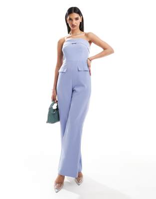 Kaiia tailored bandeau foldover wide leg jumpsuit in blue Sale