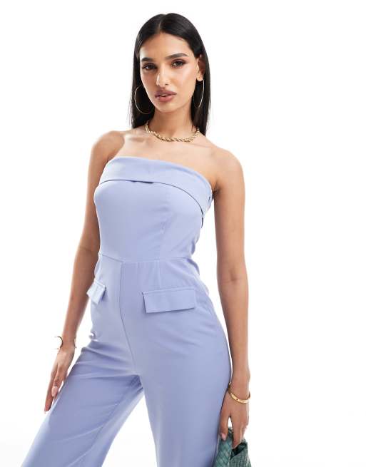 Kaiia tailored bandeau foldover wide leg jumpsuit in blue