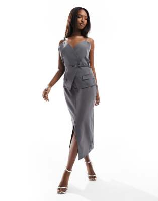 tailored buckle detail cami midaxi dress in charcoal-Gray