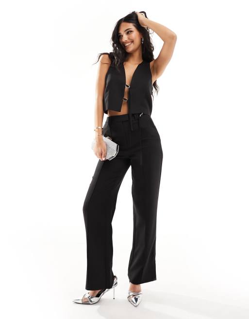 Kaiia tailored buckle detail straight leg pants in black (part of a set)