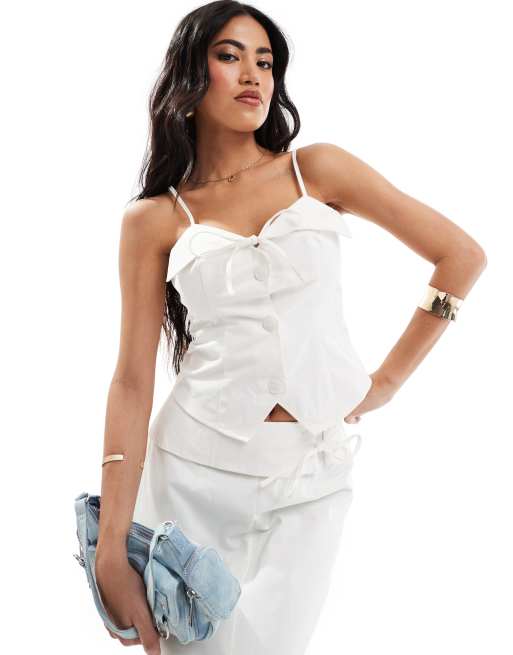 Kaiia tailored button through tie detail cami top in white - part of a set