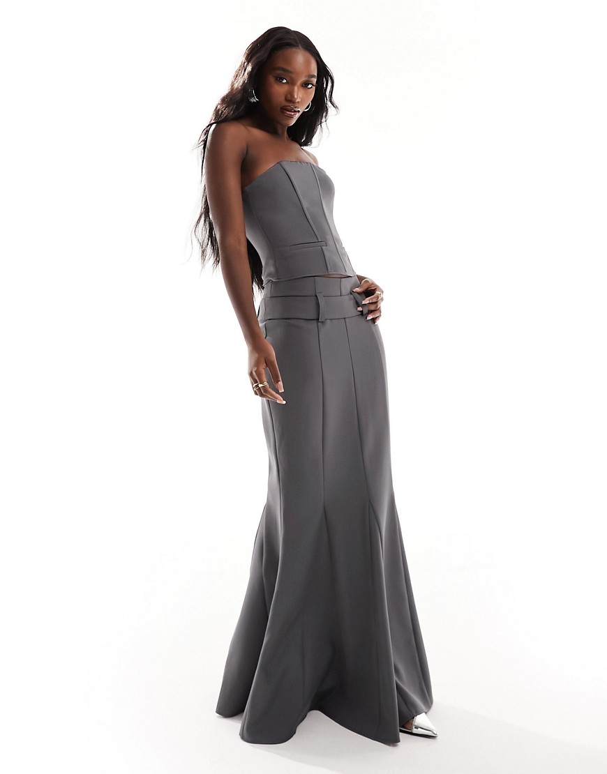 tailored flared hem maxi skirt in charcoal - part of a set-Gray