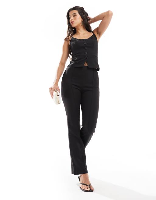 Kaiia tailored lace bra detail button through top and tailored pants set in black