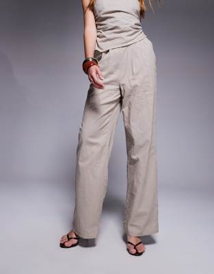 Kaiia Tailored Linen Blend Wide Leg Pants With Elastic Waist