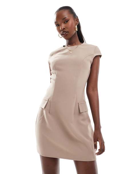 Kaiia tailored pocket detail cap sleeve mini dress in taupe - view 1
