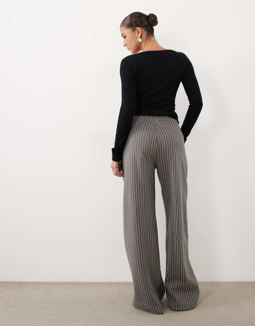 Kaiia tailored wide leg fleece joggers in charcoal pinstripe, 5 of 5