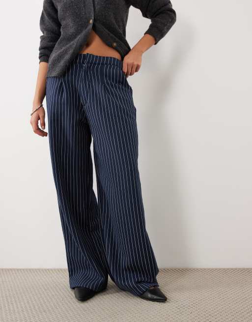 Kaiia tailored wide leg fleece joggers in navy pinstripe, 2 of 5