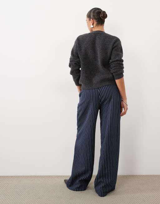 Kaiia tailored wide leg fleece trackies in navy pinstripe, 4 of 5