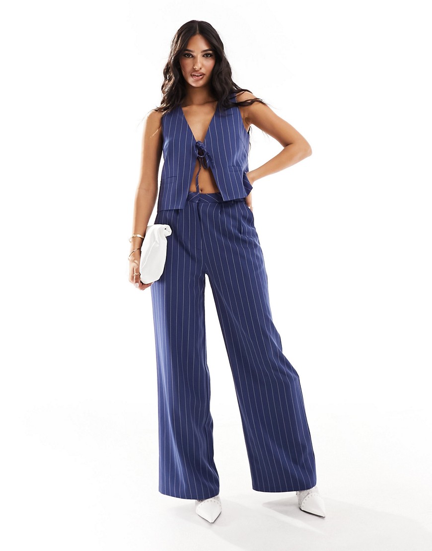 Kaiia tailored wide leg trousers co-ord in blue pinstripe-Navy