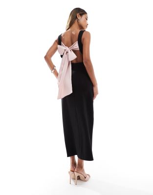 tailored wide neck sleeveless contrast bow tie back maxi dress in black