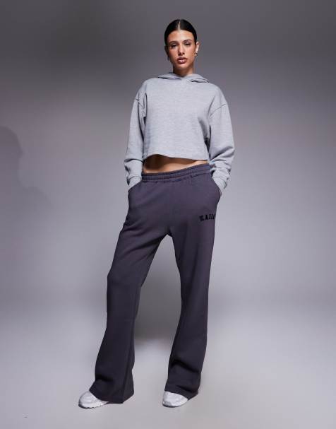 Kaiia Tall cotton blend embroidered logo wide leg joggers in dark grey - view 1