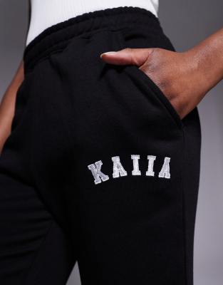 Shop Kaiia Tall Embroidered Logo Wide Leg Sweatpants In Black