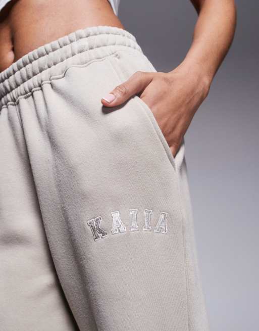 Kaiia Tall - Joggers a fondo ampio in misto cotone color pietra, 3 di 5