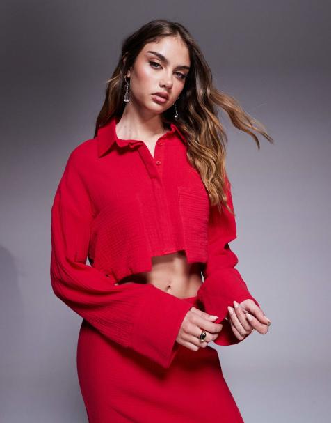 Kaiia textured cotton cropped tie back oversized shirt co-ord in red - view 1