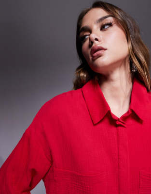 Kaiia Textured Cotton Cropped Tie Back Oversized Shirt