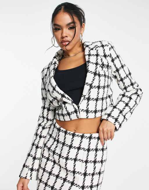 Plaid black clearance and white blazer