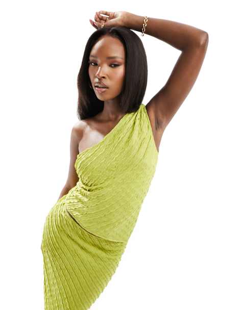 Kaiia textured one shoulder top co-ord in lime - view 1
