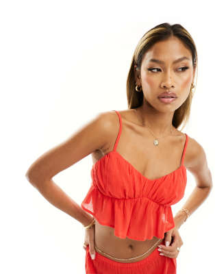 Kaiia Textured Shirred Cami Crop Top In Red - Part Of A Set In Orange