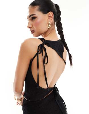 Kaiia textured sleeveless open back tie detail top in black (part of a set)