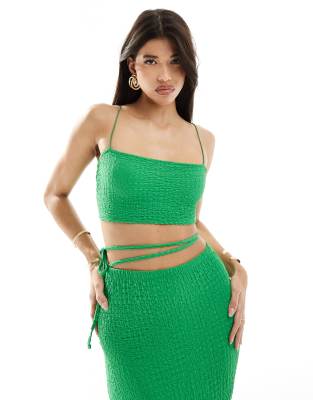 textured square neck tie back crop top in green - part of a set