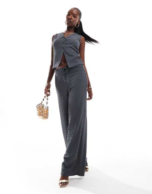Kaiia textured vest and wide leg pants set in slate gray