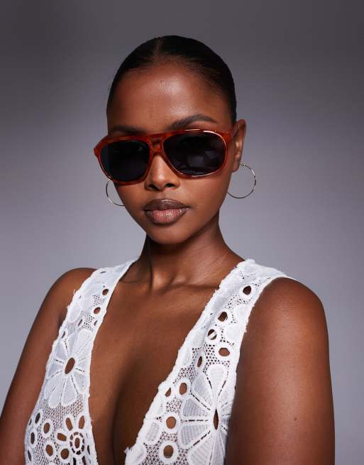 Kaiia thin frame aviator sunglasses in orange tort