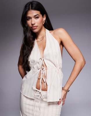 tie detail linen look cotton halterneck top in cream stripes - part of a set-Multi