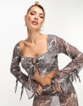 [Kaiia] Kaiia tie front sheer mesh top in snake print (part of a set)-Multi 10 Snake print