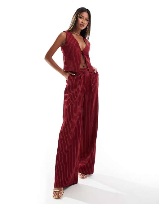 Kaiia tie front waistcoat and pants set in burgundy pinstripe