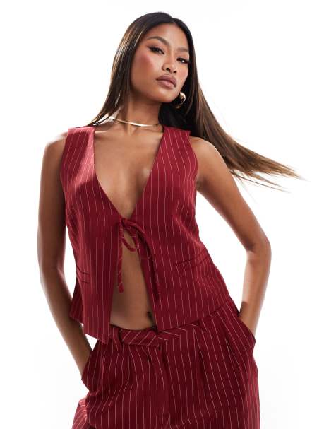 Kaiia tie front waistcoat co-ord in burgundy pinstripe - view 1