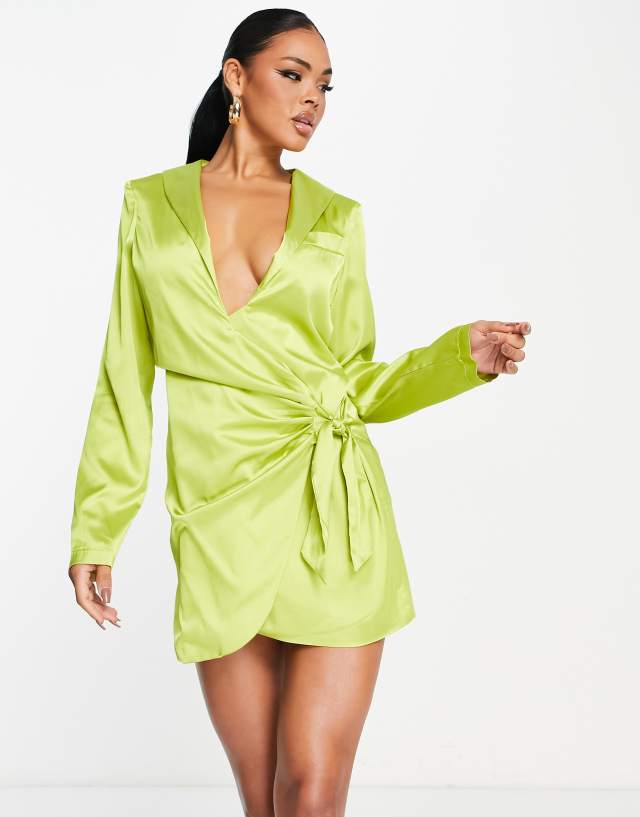 Kaiia tie waist satin blazer dress in lime