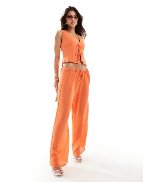 Kaiia tie waist wide leg trousers co-ord in orange - view 1