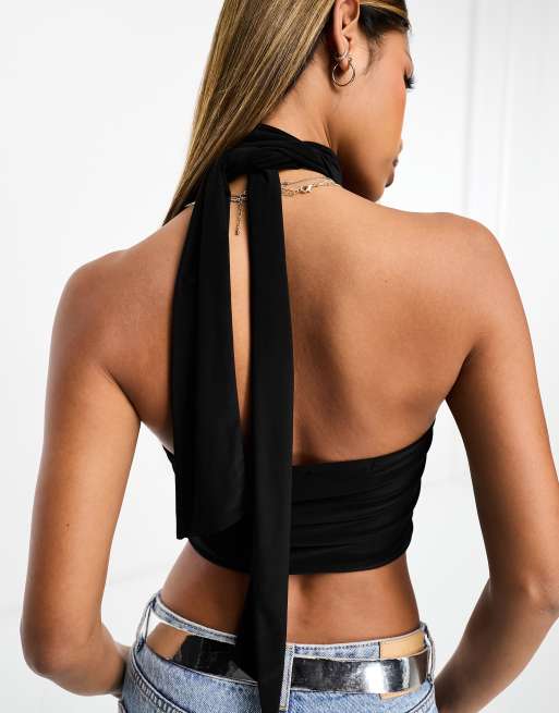 Kaiia - Top a fascia sinuoso nero con sciarpa sottile, 2 di 4