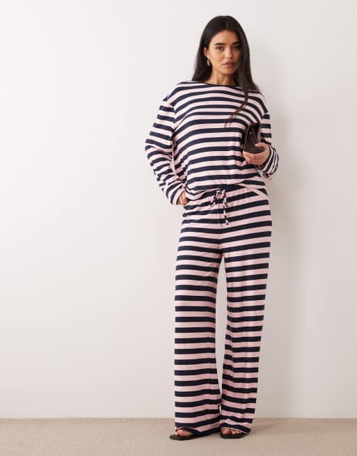 Kaiia - Top a maniche lunghe oversize girocollo in jersey super morbido rosa e blu navy a righe in coordinato, 2 di 4