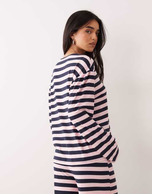 Kaiia - Top a maniche lunghe oversize girocollo in jersey super morbido rosa e blu navy a righe in coordinato, 4 di 4