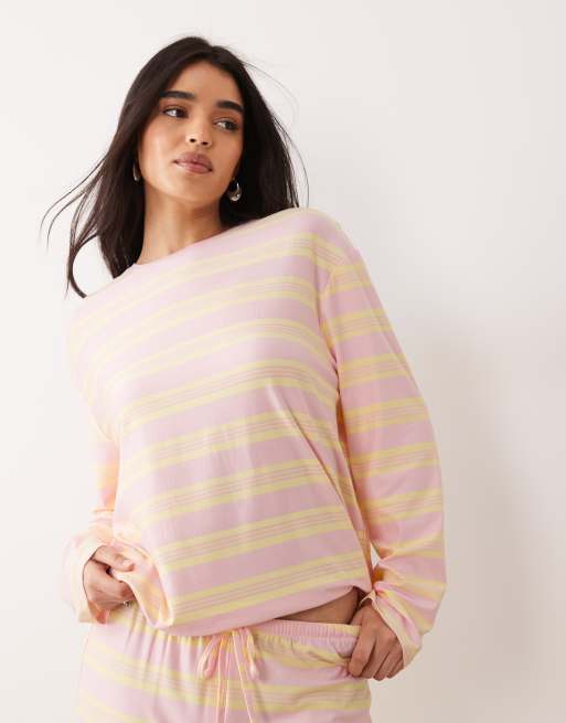 Kaiia - Top a maniche lunghe oversize girocollo in jersey super morbido rosa e giallo limone a righe in coordinato