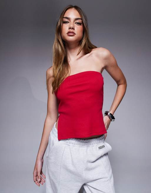 Kaiia - Top bandeau côtelé fendu sur les côtés - Rouge