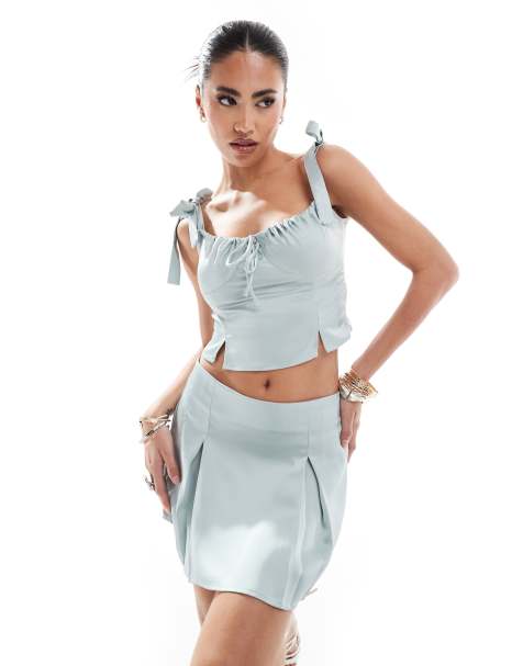 Kaiia - Top con spalline sottili in raso blu con fiocco in coordinato - view 1
