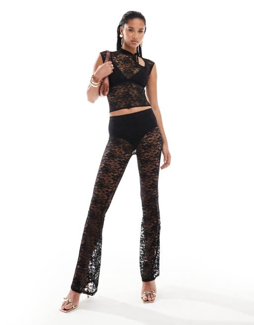 Kaiia - Top d'ensemble transparent en dentelle avec découpe à l'encolure - Noire, 4 de 4