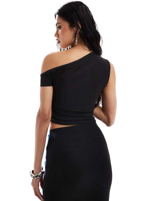 Kaiia - Top in rete con spalle scoperte nero e blu con stampa a fiori in coordinato, 3 di 4