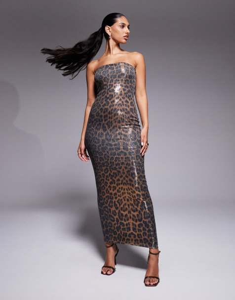 Kaiia – Trägerloses, figurbetontes Pailletten-Maxikleid mit Leopardenmuster - view 1