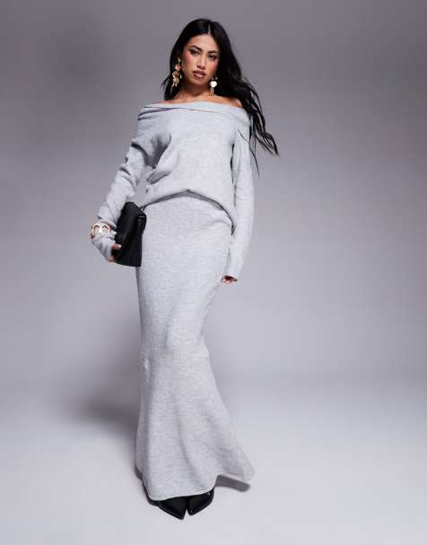 Kaiia twist front bardot jumper and maxi skirt co-ord in grey - view 1