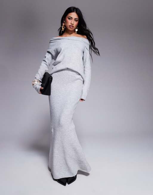 Kaiia twist front bardot sweater and maxi skirt set in gray