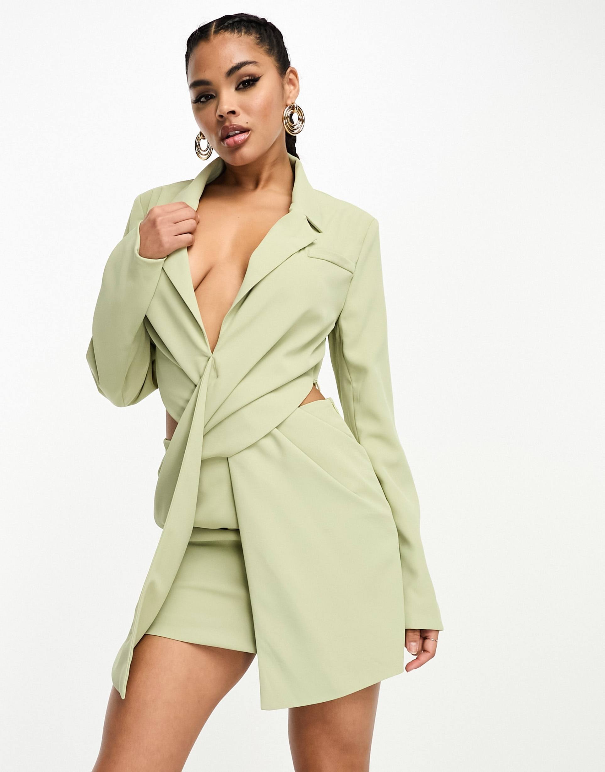 kaiia twist front cut out mini blazer dress in sage
