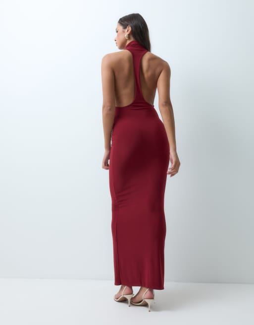 Kaiia vestido largo burdeos en exclusiva, con doble efecto moldeador, cuello alto y espalda nadador, 3 de 5