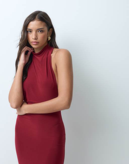 Kaiia vestido largo burdeos en exclusiva, con doble efecto moldeador, cuello alto y espalda nadador, 5 de 5