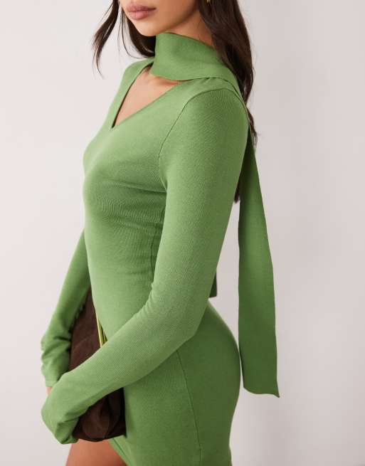 Kaiia vestido mini de punto con detalle de bufanda y mangas acampanadas en verde, 3 de 4