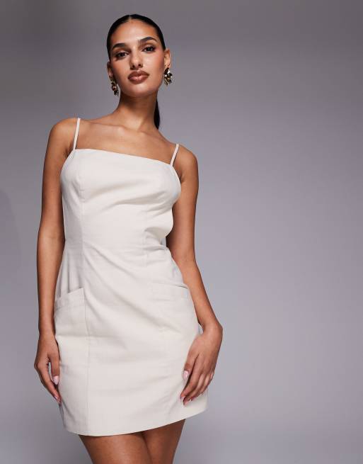 Kaiia - Vestito corto sartoriale in misto cotone e lino color crema con spalline e schiena scoperta, 2 di 4