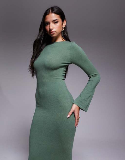 Kaiia - Vestito lungo fasciante in maglia kaki con maniche scampanate, 2 di 4